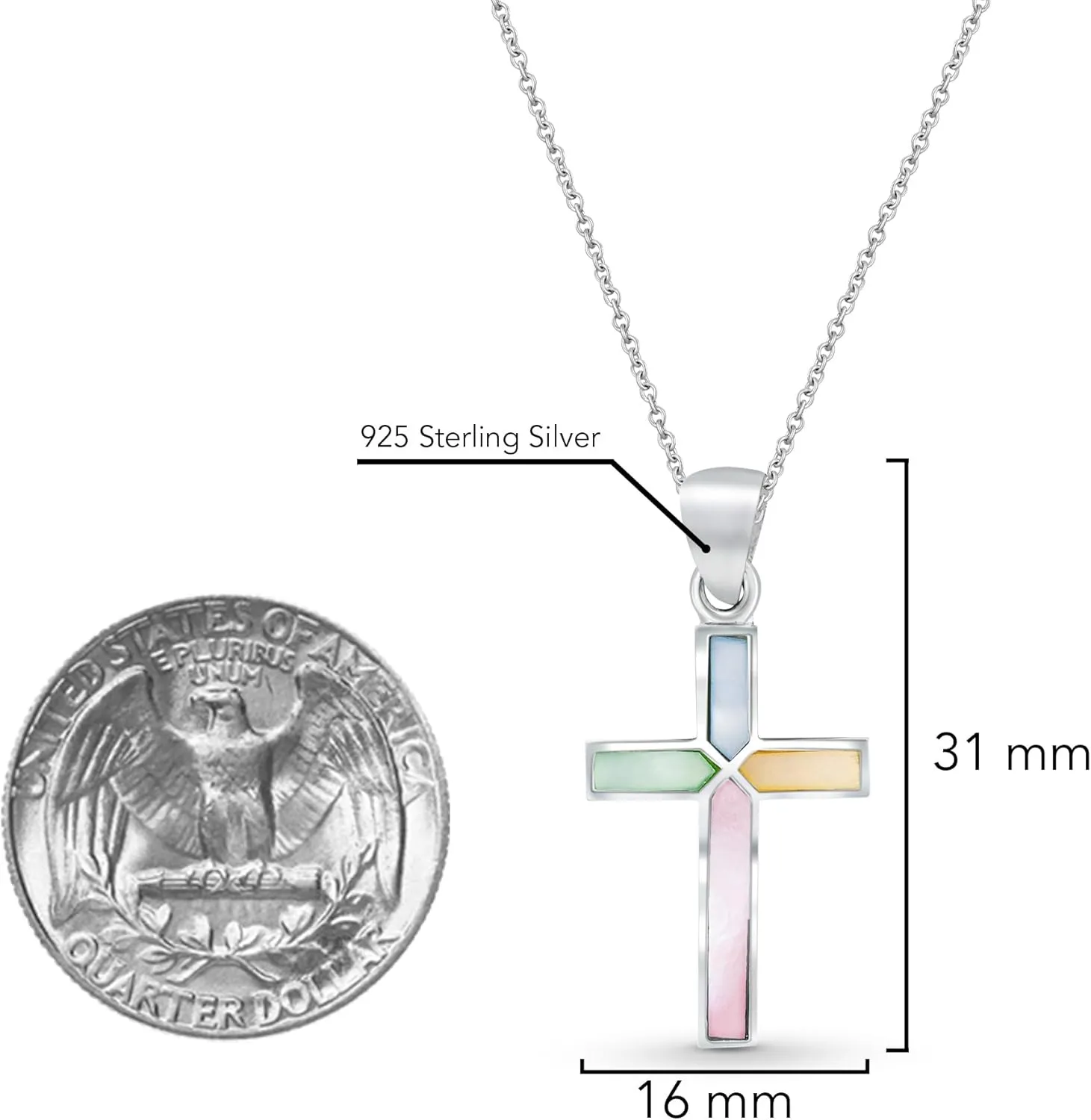 AeraVida Cross of Faith Necklace – 925 Sterling Silver 18 inch Chain | Iridescent Shell and Stone Pendant | Perfect Religious Gift