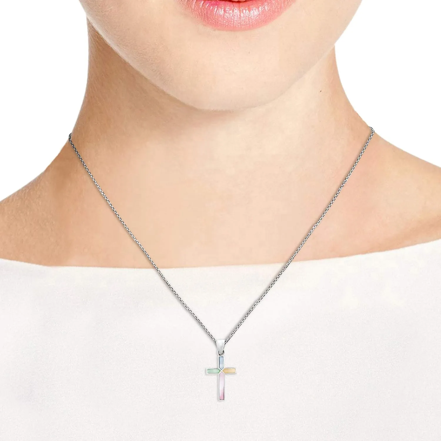 AeraVida Cross of Faith Necklace – 925 Sterling Silver 18 inch Chain | Iridescent Shell and Stone Pendant | Perfect Religious Gift