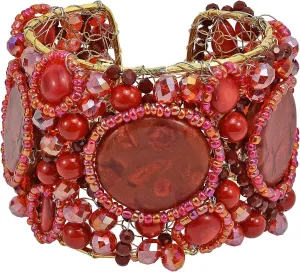 AeraVida Reconstructed Red Coral and Cultured Freshwater Pearl Oval Slab Festive Stone Mesh Cuff Bracelet