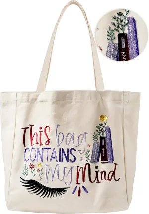 Aesthetic Embroidery Tote Bag for Women - with Magnetic Buckle and Zipper Inner Pocket for Lady Cotton Tote Bag