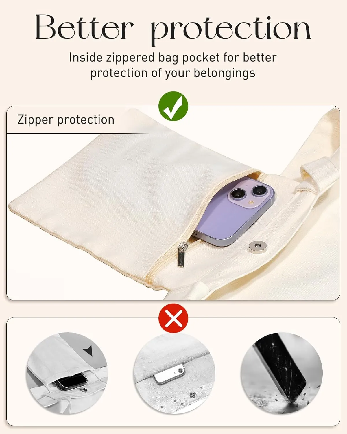 Aesthetic Embroidery Tote Bag for Women - with Magnetic Buckle and Zipper Inner Pocket for Lady Cotton Tote Bag