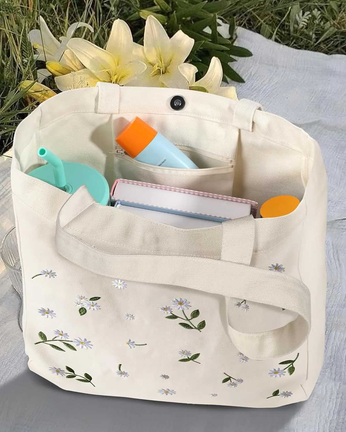 Aesthetic Embroidery Tote Bag for Women - with Magnetic Buckle and Zipper Inner Pocket for Lady Cotton Tote Bag