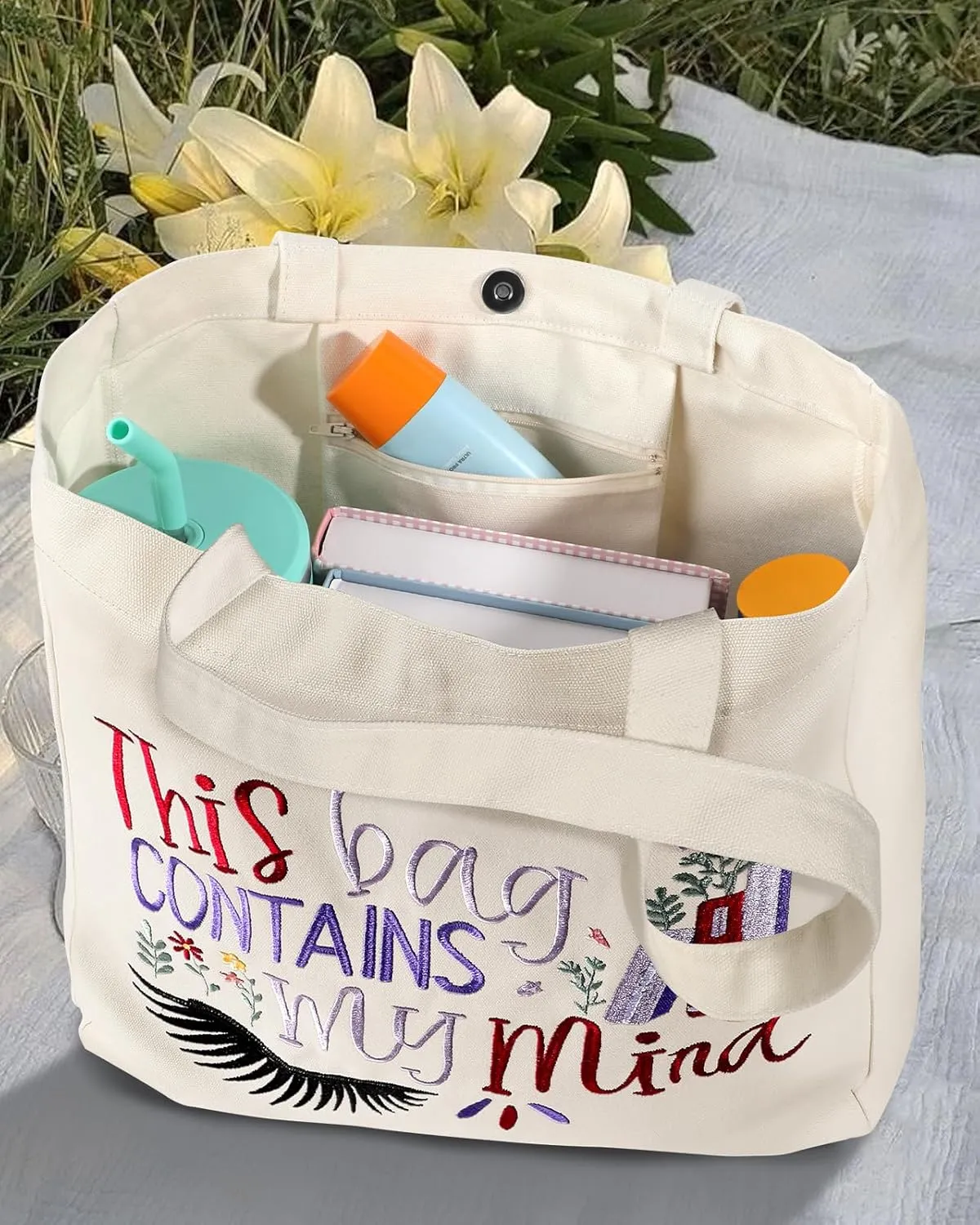 Aesthetic Embroidery Tote Bag for Women - with Magnetic Buckle and Zipper Inner Pocket for Lady Cotton Tote Bag
