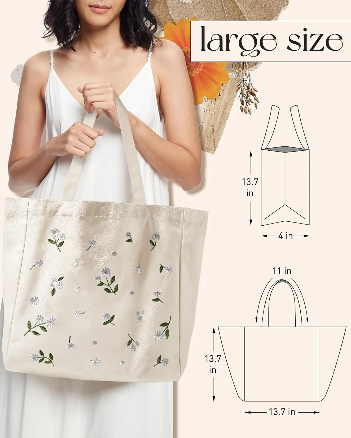 Aesthetic Embroidery Tote Bag for Women - with Magnetic Buckle and Zipper Inner Pocket for Lady Cotton Tote Bag