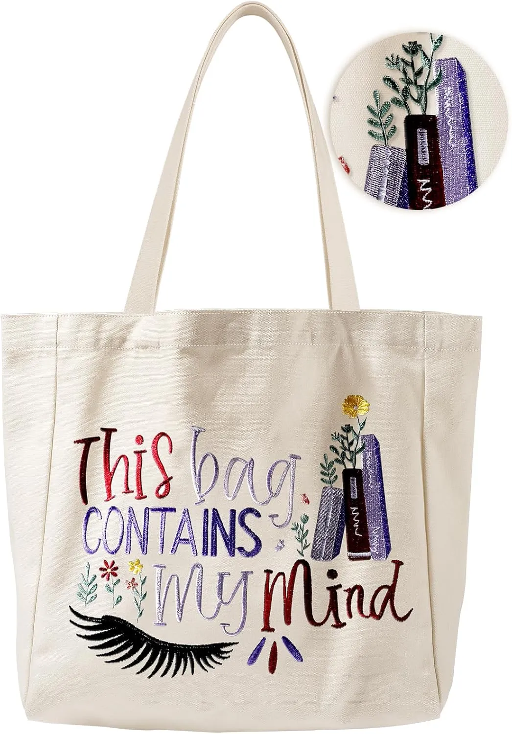 Aesthetic Embroidery Tote Bag for Women - with Magnetic Buckle and Zipper Inner Pocket for Lady Cotton Tote Bag