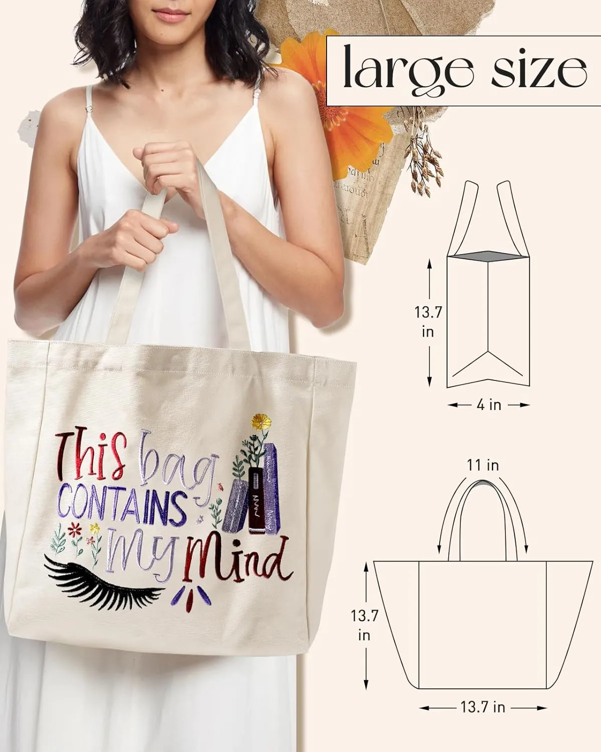 Aesthetic Embroidery Tote Bag for Women - with Magnetic Buckle and Zipper Inner Pocket for Lady Cotton Tote Bag