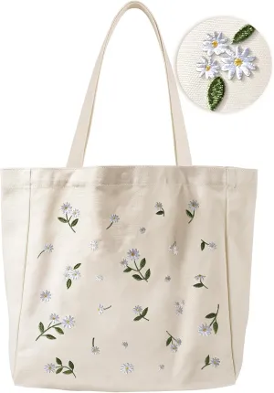 Aesthetic Embroidery Tote Bag for Women - with Magnetic Buckle and Zipper Inner Pocket for Lady Cotton Tote Bag
