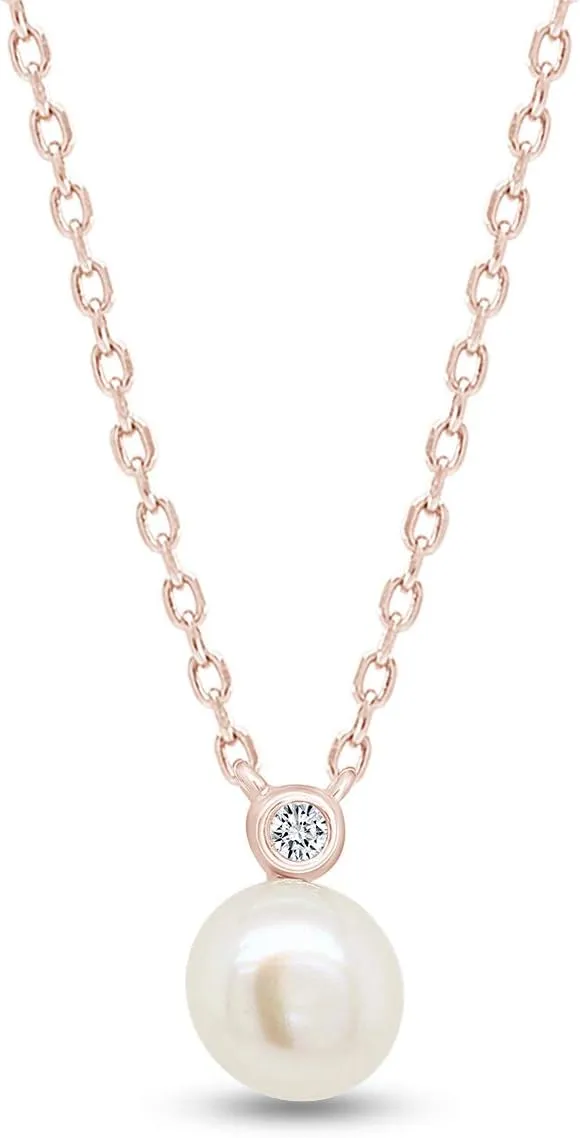 AFFY Round Freshwater Pearl & White Cubic Zirconia Drop Pendant Necklace in 14k Gold Over Sterling Silver 18" Chain