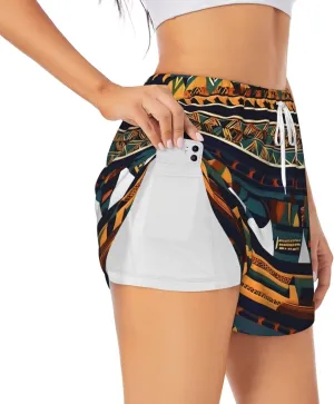 African Ethnic Pattern Print Ladies Shorts with Pockets,Running,Fitness Shorts,Double Layer Design for Cycling,Yoga
