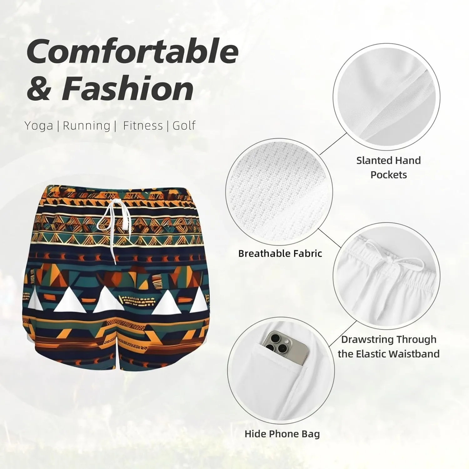 African Ethnic Pattern Print Ladies Shorts with Pockets,Running,Fitness Shorts,Double Layer Design for Cycling,Yoga