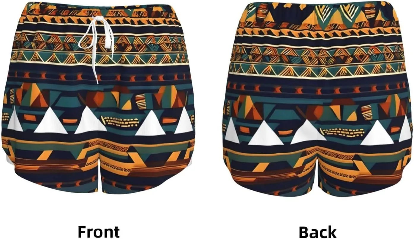African Ethnic Pattern Print Ladies Shorts with Pockets,Running,Fitness Shorts,Double Layer Design for Cycling,Yoga