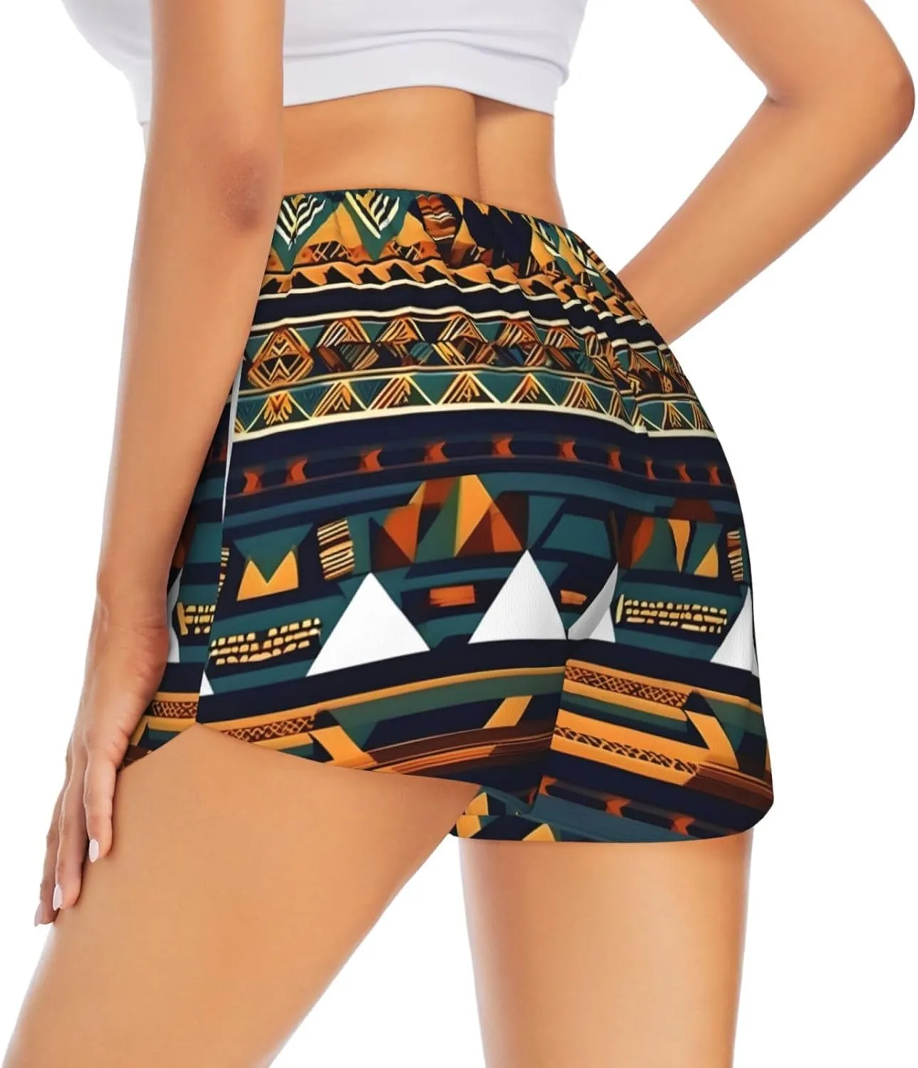 African Ethnic Pattern Print Ladies Shorts with Pockets,Running,Fitness Shorts,Double Layer Design for Cycling,Yoga