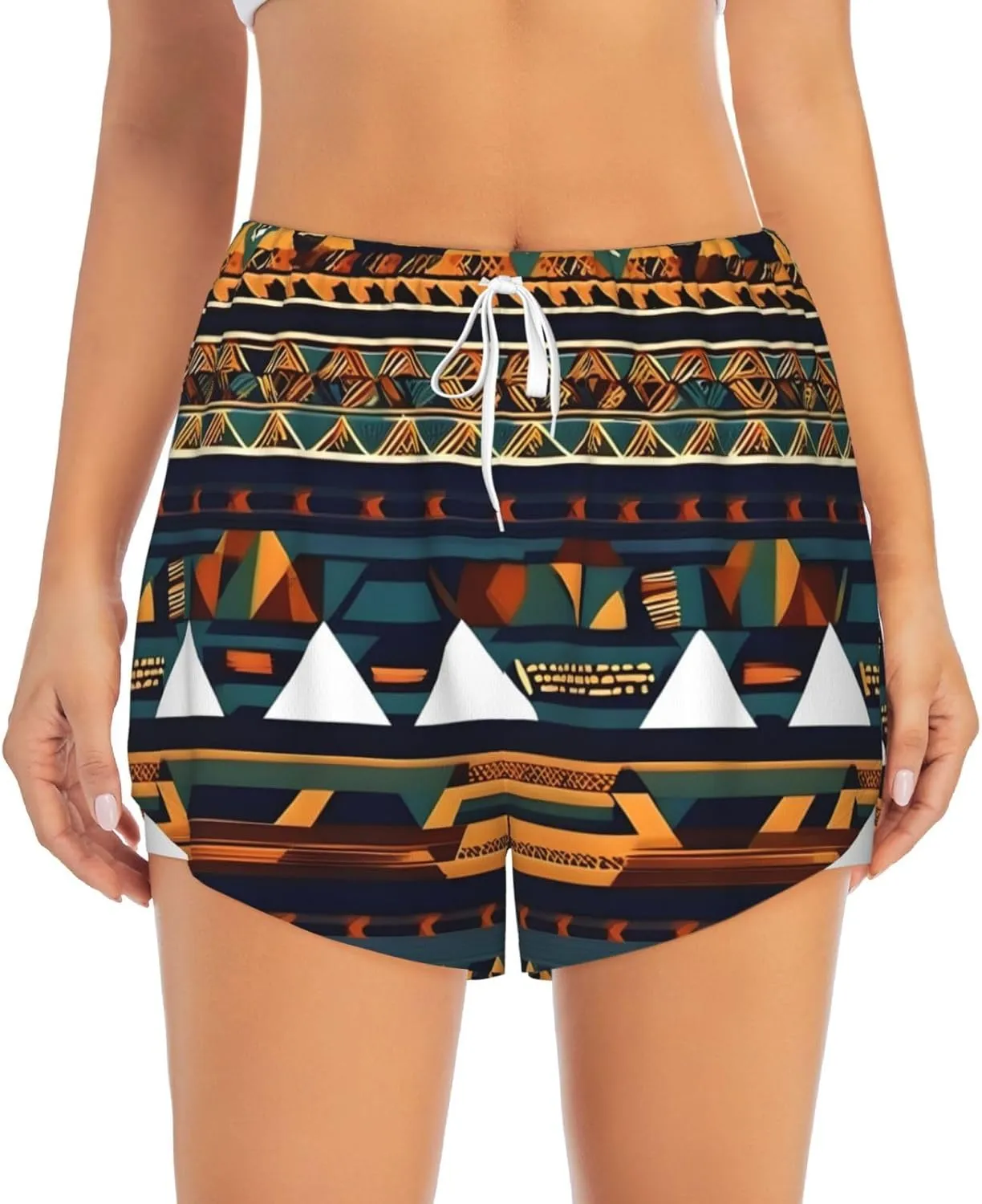 African Ethnic Pattern Print Ladies Shorts with Pockets,Running,Fitness Shorts,Double Layer Design for Cycling,Yoga