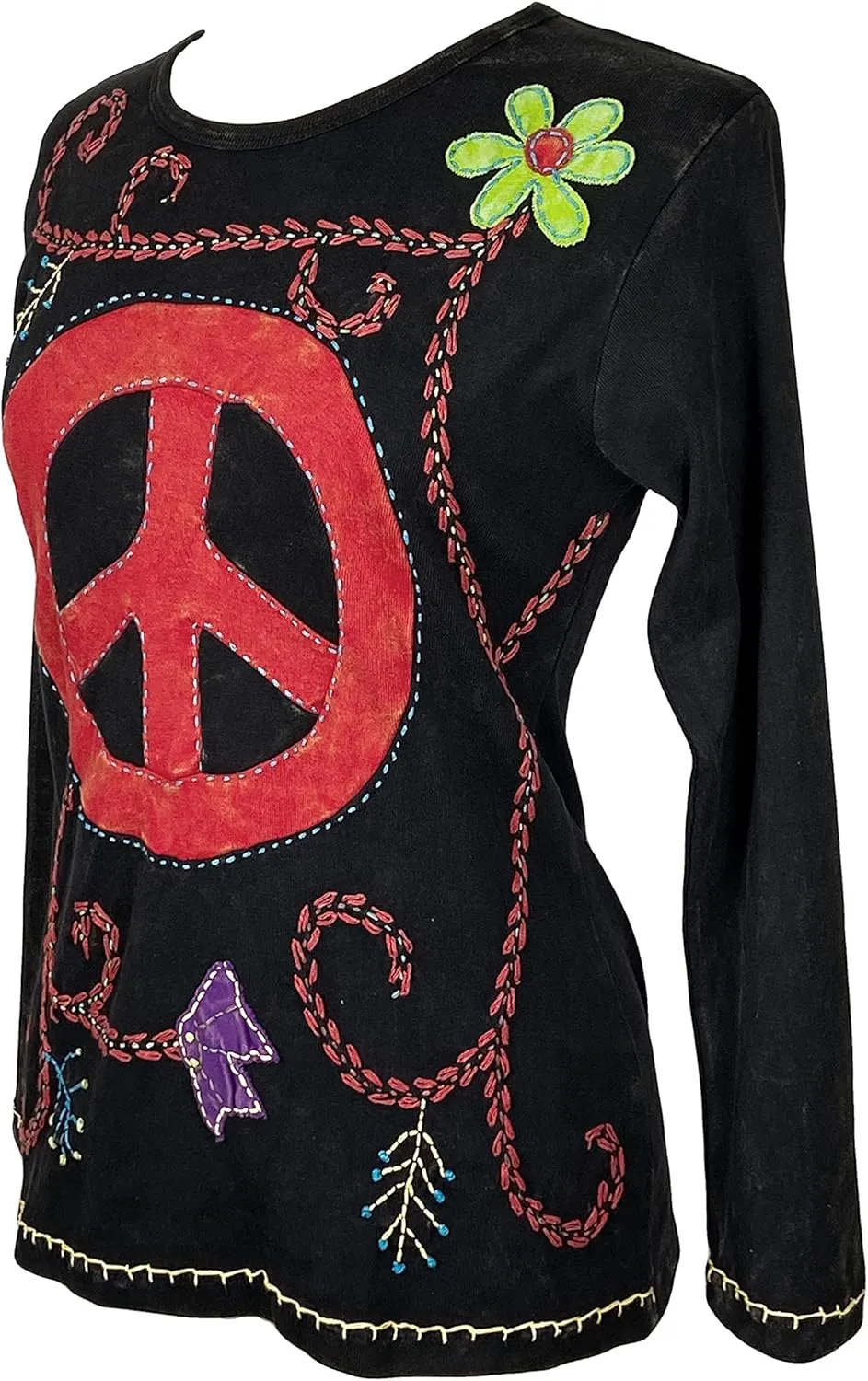 Agan Traders 2025 Spring Rib Knit Thick Cotton Gypsy Retro Bohemian Tops - Long Sleeve Hand Embroidered Blouses for Women