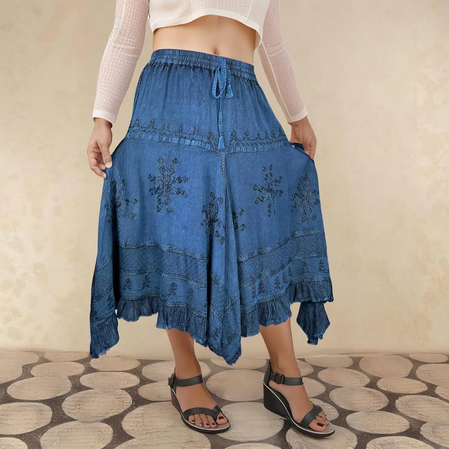 Agan Traders 2025 Spring Women's Flowy Handkerchief Hemline Midi Maxi Skirts for Women - Gypsy Embroidered Ruffle Long Skirts