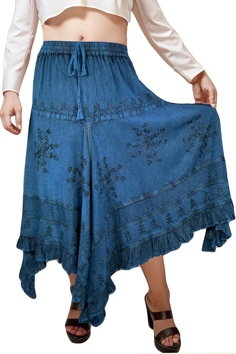 Agan Traders 2025 Spring Women's Flowy Handkerchief Hemline Midi Maxi Skirts for Women - Gypsy Embroidered Ruffle Long Skirts