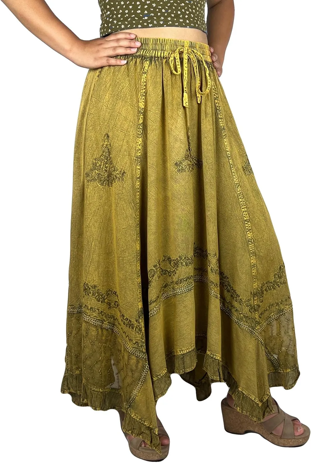 Agan Traders 2025 Spring Women's Flowy Handkerchief Hemline Midi Maxi Skirts for Women - Gypsy Embroidered Ruffle Long Skirts