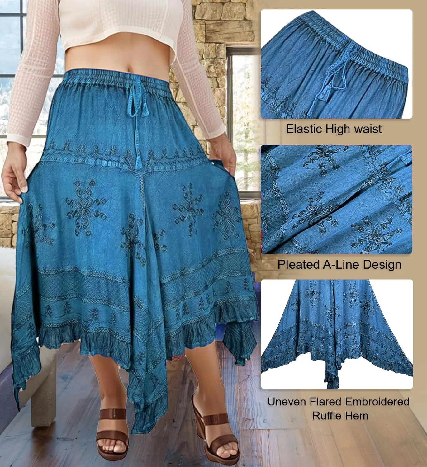 Agan Traders 2025 Spring Women's Flowy Handkerchief Hemline Midi Maxi Skirts for Women - Gypsy Embroidered Ruffle Long Skirts