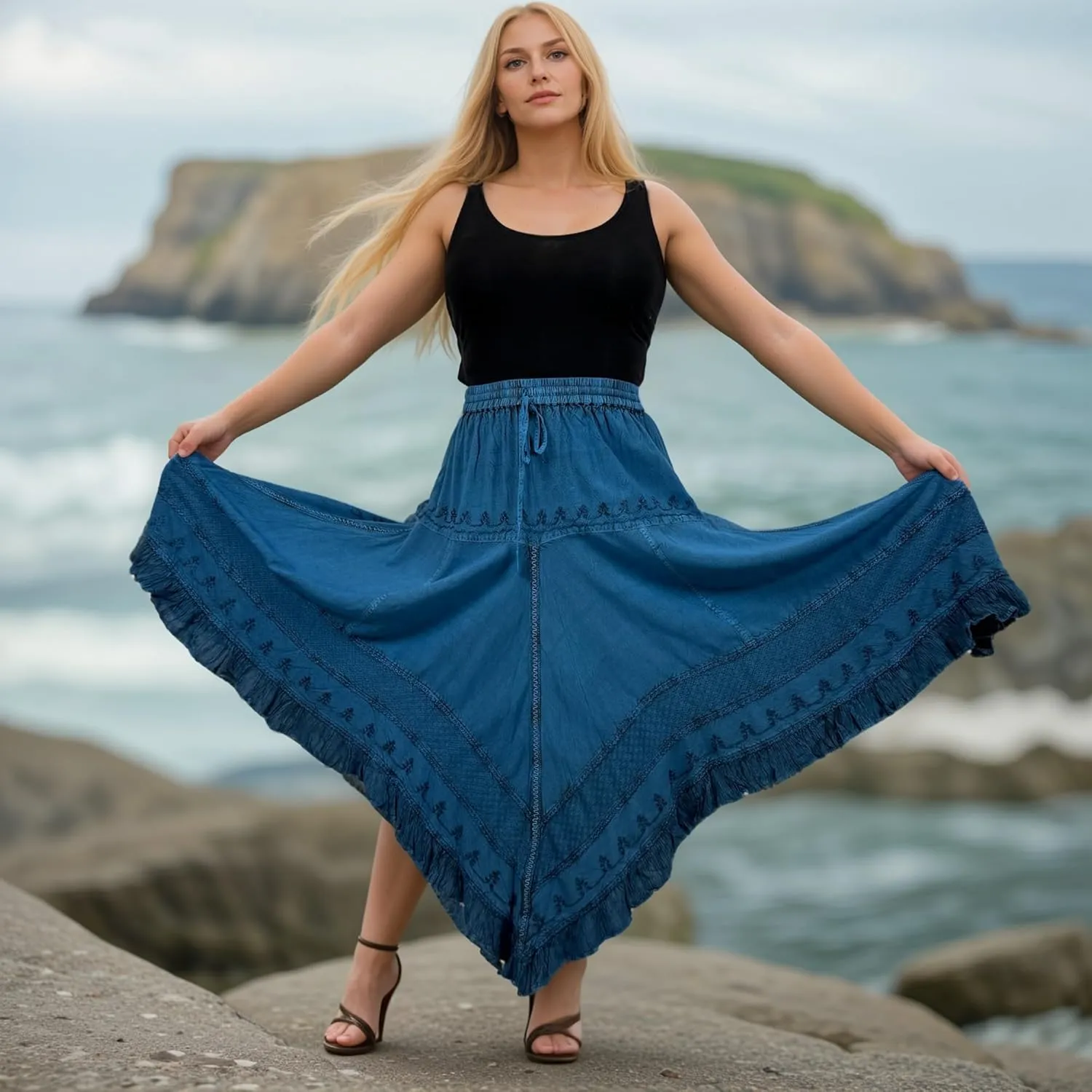 Agan Traders 2025 Spring Women's Flowy Handkerchief Hemline Midi Maxi Skirts for Women - Gypsy Embroidered Ruffle Long Skirts