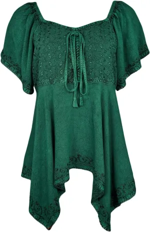 Agan Traders 2025 Summer Asymmetrical Handkerchief Diamond Neck Embroidered Tops - Empire Waist Cap Sleeve Women's Blouse