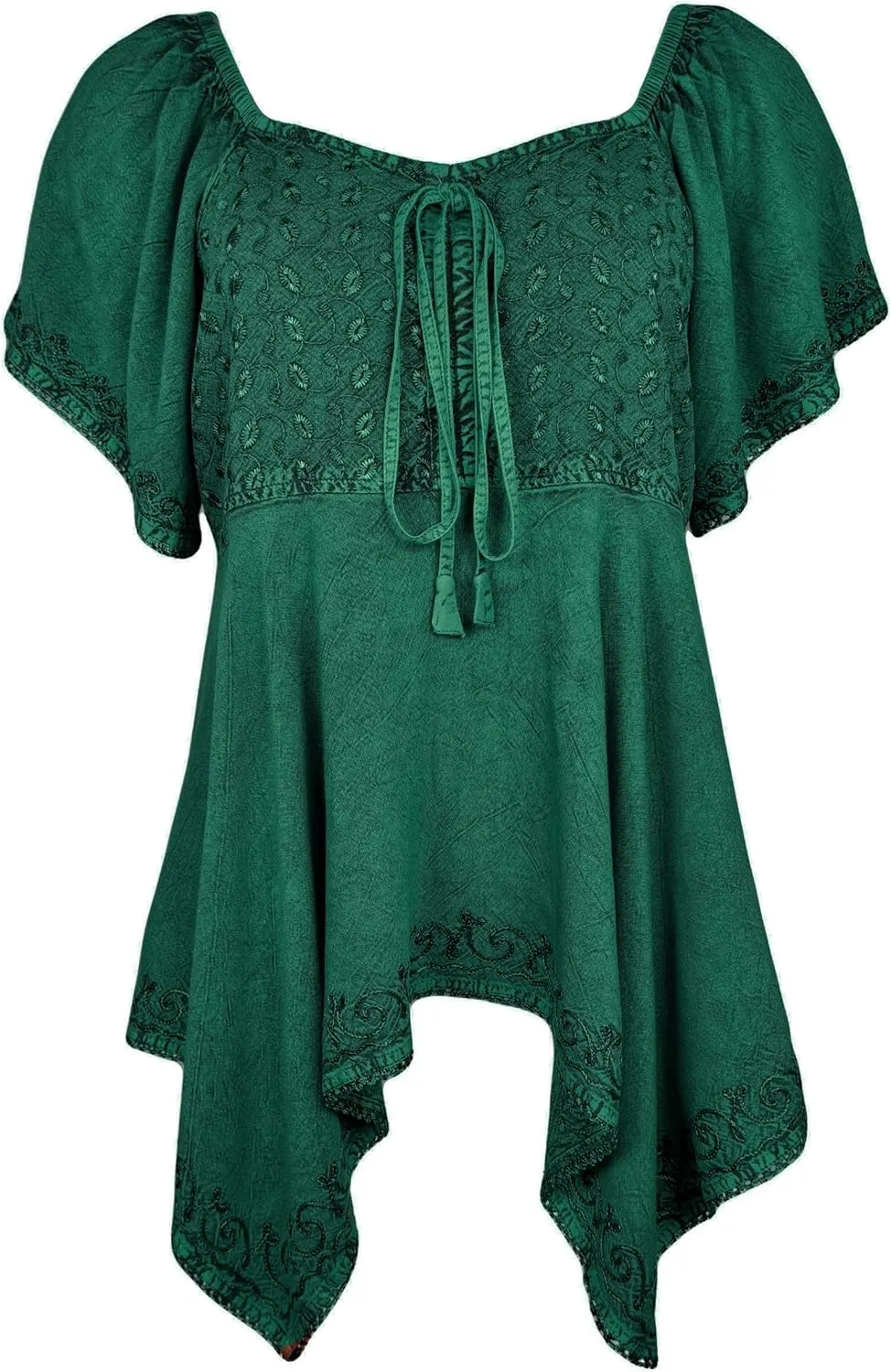 Agan Traders 2025 Summer Asymmetrical Handkerchief Diamond Neck Embroidered Tops - Empire Waist Cap Sleeve Women's Blouse