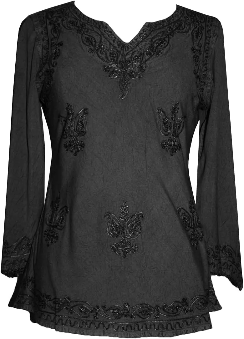 Agan Traders 2025 Summer Long Sleeve Diamond Neck Fall Embroidered Tops - Medieval Boho Vintage Tunic Kurta Blouses for Women