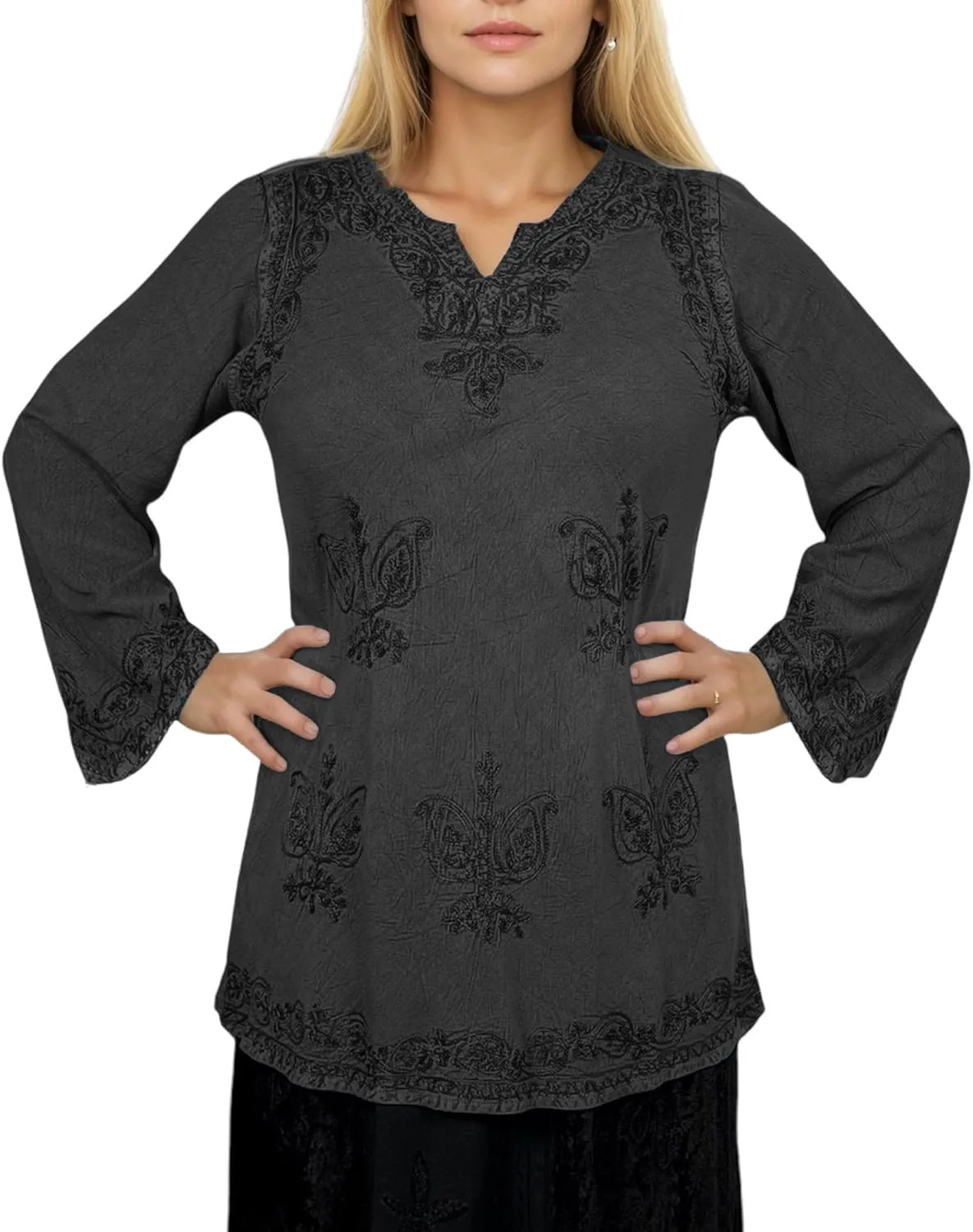 Agan Traders 2025 Summer Long Sleeve Diamond Neck Fall Embroidered Tops - Medieval Boho Vintage Tunic Kurta Blouses for Women