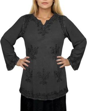 Agan Traders 2025 Summer Long Sleeve Diamond Neck Fall Embroidered Tops - Medieval Boho Vintage Tunic Kurta Blouses for Women