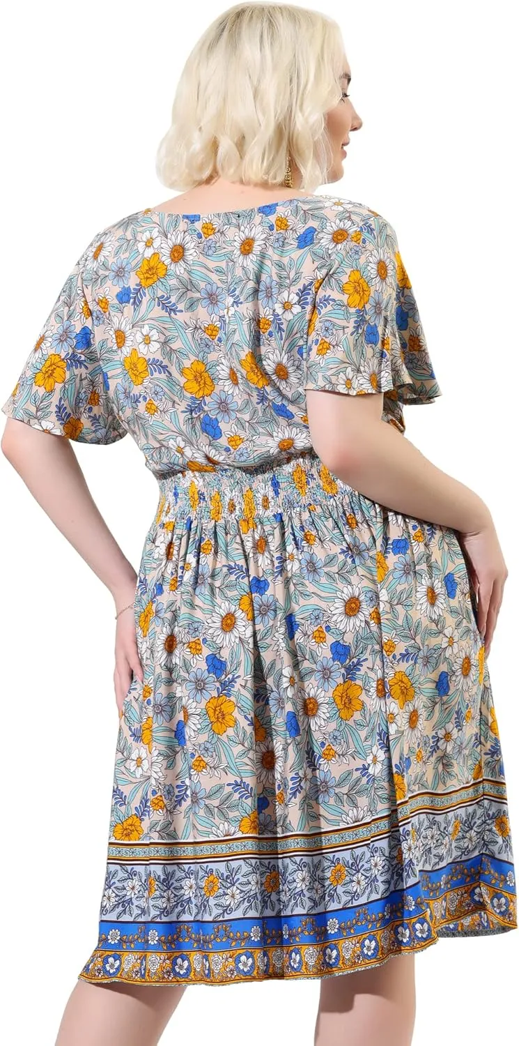 Agnes Orinda Plus Size Midi Dresses for Women Placed Pattern Bohemian Smock Waist V Neck Summer Dress