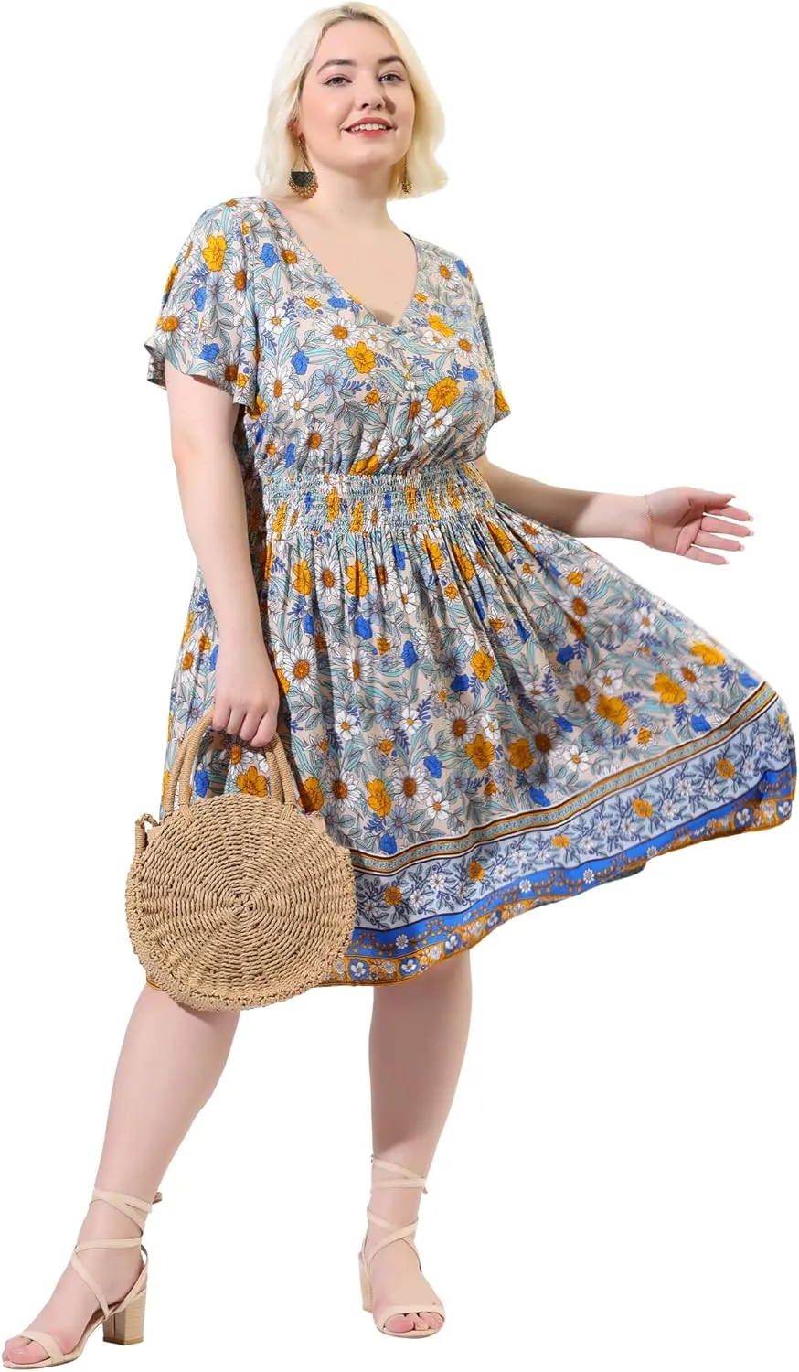 Agnes Orinda Plus Size Midi Dresses for Women Placed Pattern Bohemian Smock Waist V Neck Summer Dress