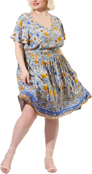 Agnes Orinda Plus Size Midi Dresses for Women Placed Pattern Bohemian Smock Waist V Neck Summer Dress