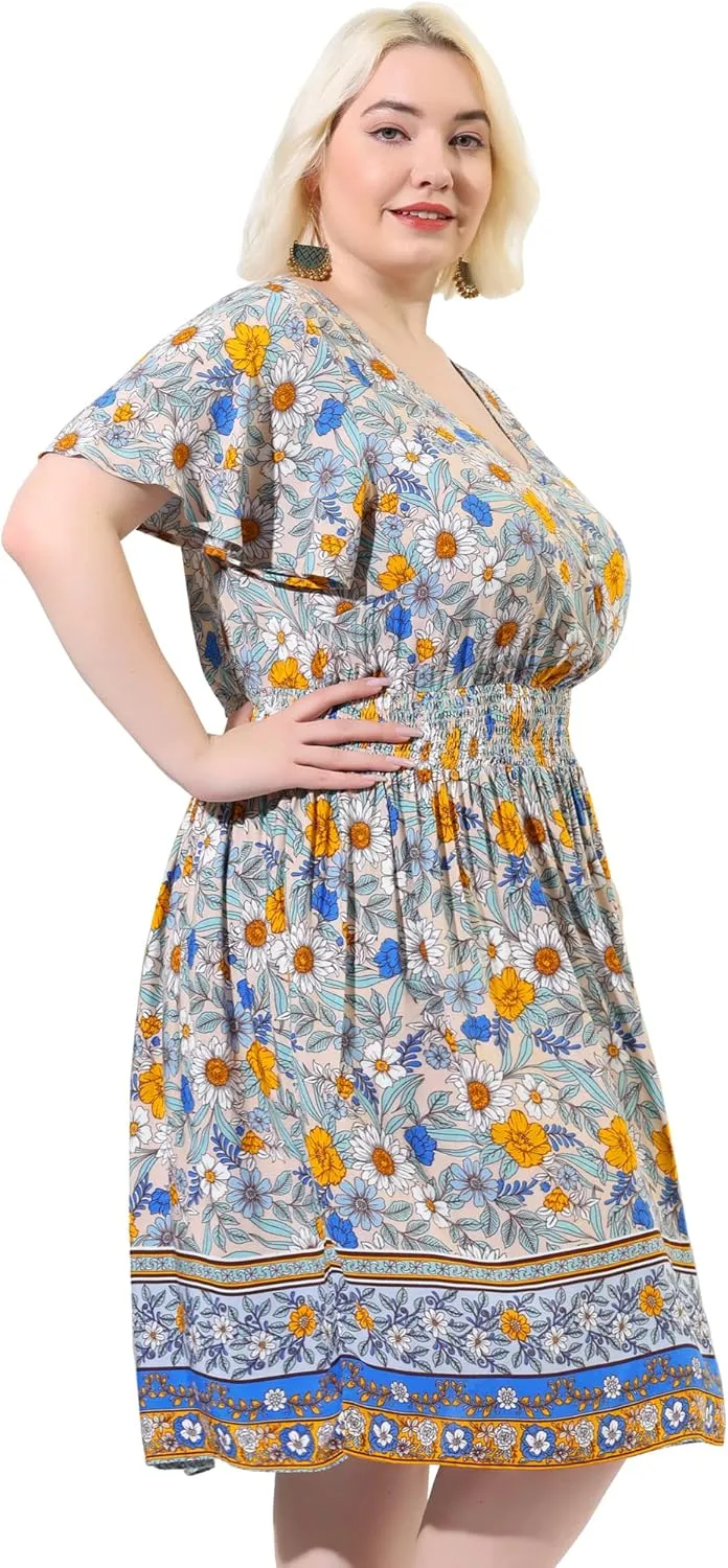 Agnes Orinda Plus Size Midi Dresses for Women Placed Pattern Bohemian Smock Waist V Neck Summer Dress