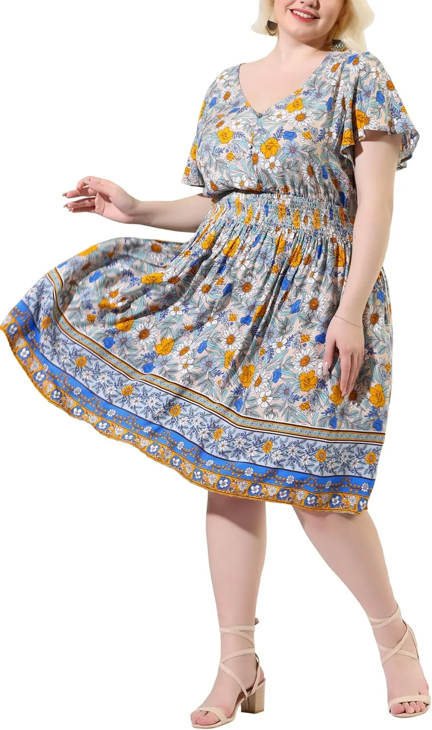 Agnes Orinda Plus Size Midi Dresses for Women Placed Pattern Bohemian Smock Waist V Neck Summer Dress