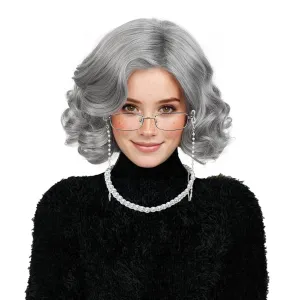 Aicos Old Lady Wig Set for Women Grey Grandma Wig with Glasses & Pearl Necklace for Halloween Costume Party