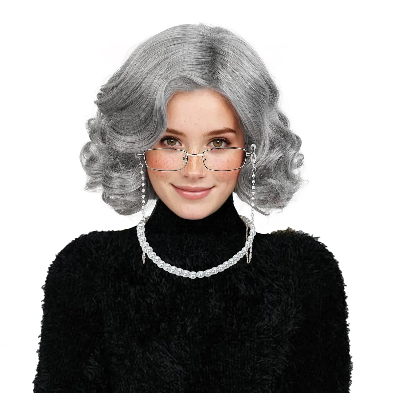 Aicos Old Lady Wig Set for Women Grey Grandma Wig with Glasses & Pearl Necklace for Halloween Costume Party