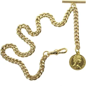 Albert Chain Gold Tone Pocket Watch Chain Vest Chain for Men Fob T Bar with Swivel Clasp with Queen Design Medal Fob Charm AC79A
