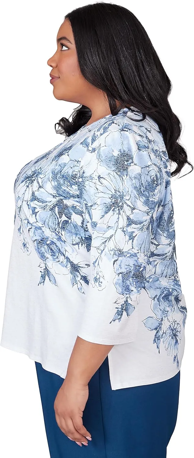 Alfred Dunner Women's Classics Floral Yoke Shimmer Top
