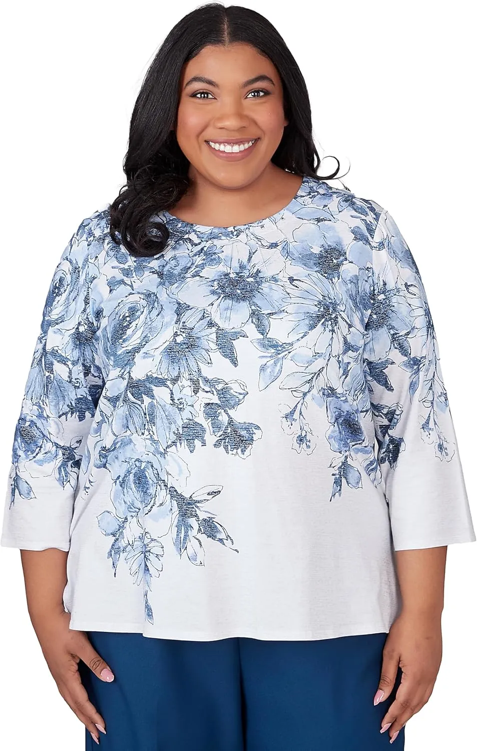 Alfred Dunner Women's Classics Floral Yoke Shimmer Top