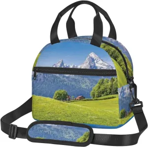 Alps,Lunch Box for Women,Landscape in The Alps with Green Meadows,Insulated Lunch Bag Women with Adjustable Shoulder Strap,Cute Lunch Tote Bag for Work,Picnic,Camping,Green