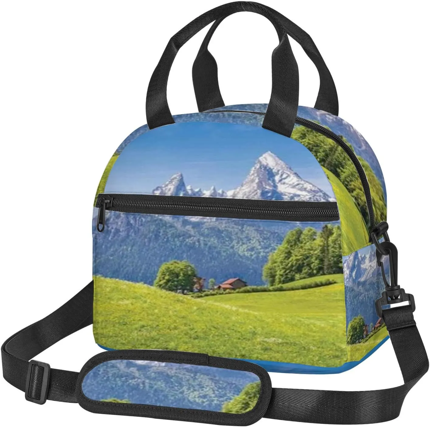 Alps,Lunch Box for Women,Landscape in The Alps with Green Meadows,Insulated Lunch Bag Women with Adjustable Shoulder Strap,Cute Lunch Tote Bag for Work,Picnic,Camping,Green