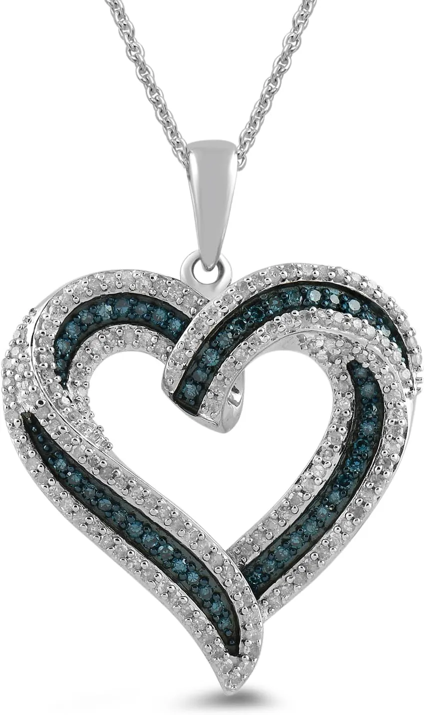 Amazon Essentials Sterling Silver Blue and White Diamond Heart Pendant Necklace (1/2 cttw), 18"