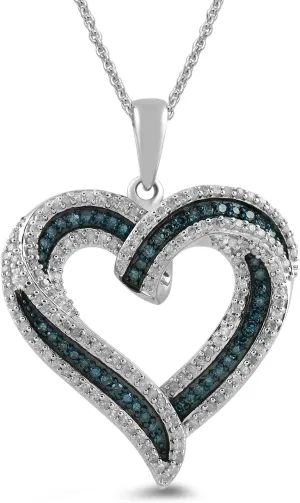 Amazon Essentials Sterling Silver Blue and White Diamond Heart Pendant Necklace (1/2 cttw), 18"