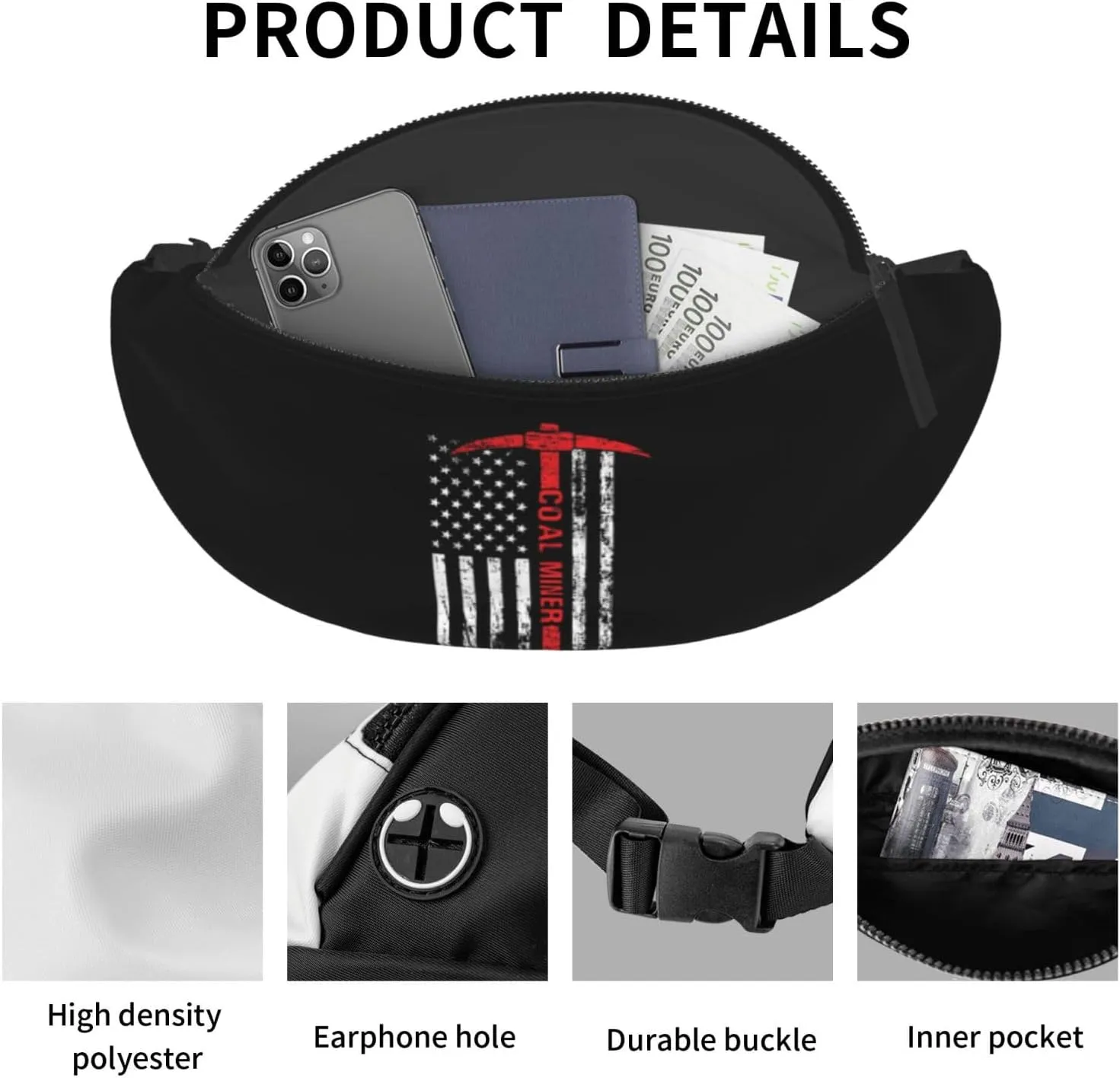 American Flag Coal Miner Unisex Leisure Waist Bag Outdoor Sports Running Waist Bag Business Travel Mobile Phone Bag