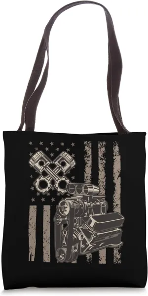 American Flag Piston Muscle Car for Patriotic Auto Mechanics Tote Bag
