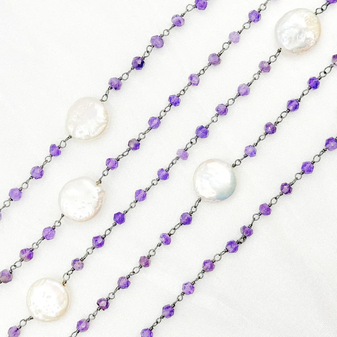 Amethyst & Pearl Round Shape Bezel Oxidized Wire Chain. AME33