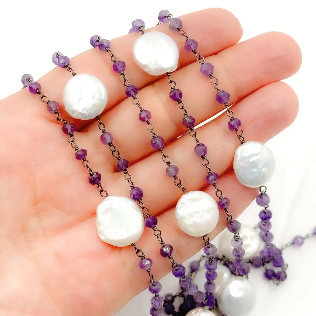 Amethyst & Pearl Round Shape Bezel Oxidized Wire Chain. AME33