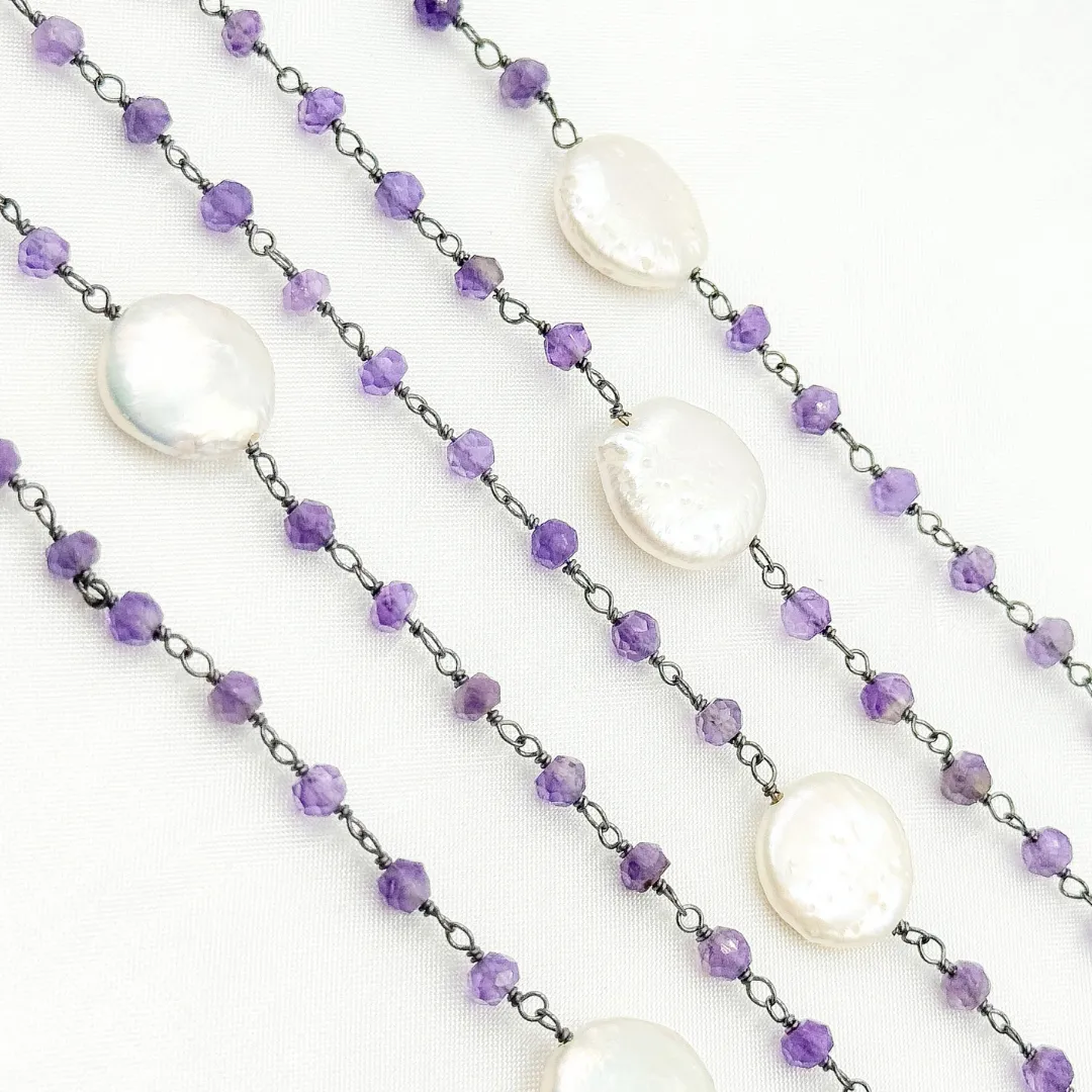 Amethyst & Pearl Round Shape Bezel Oxidized Wire Chain. AME33