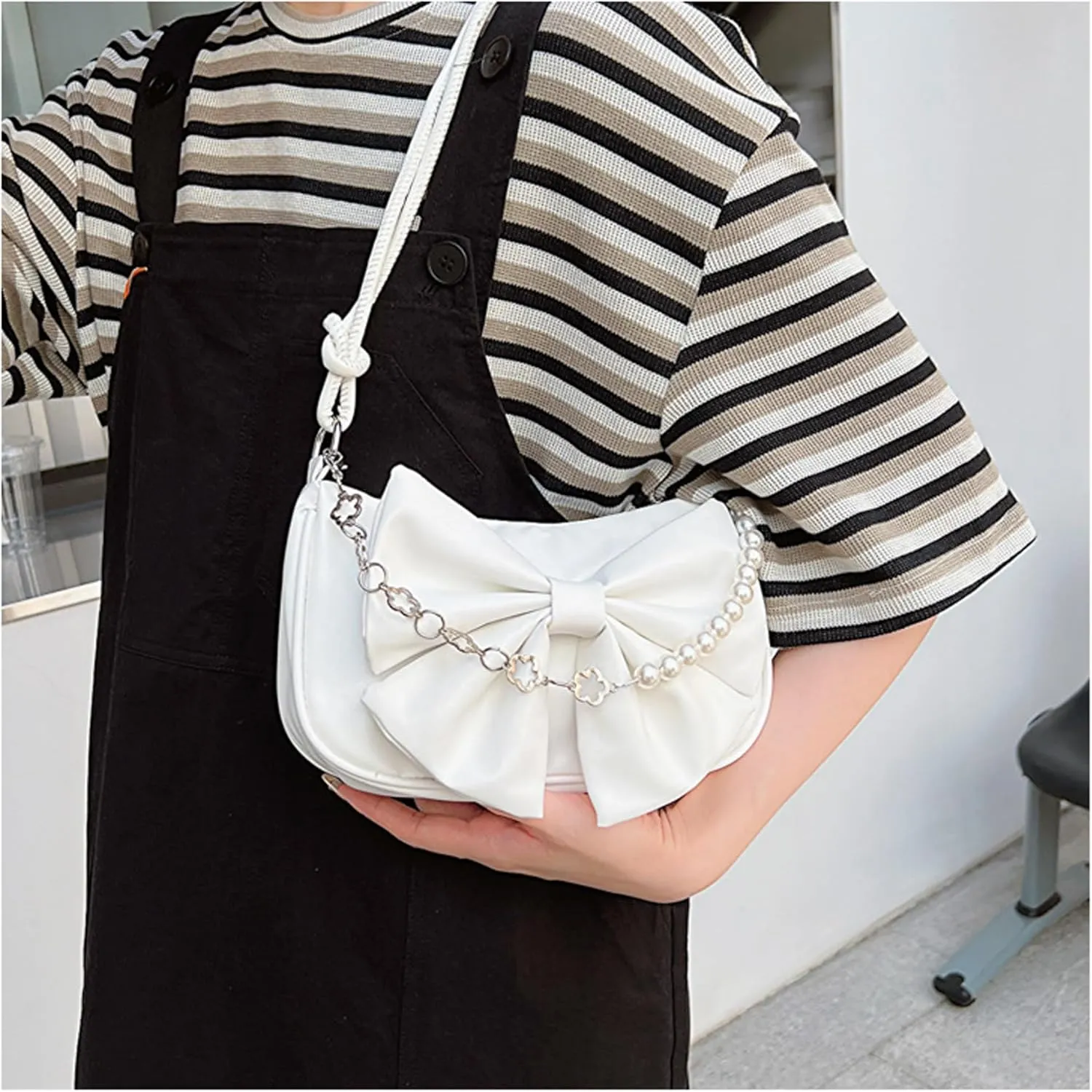 AMPOSSTO Bow Crossbody Bag for Women Girls Fashion Shoulder Bag Pearl Chain Handbag