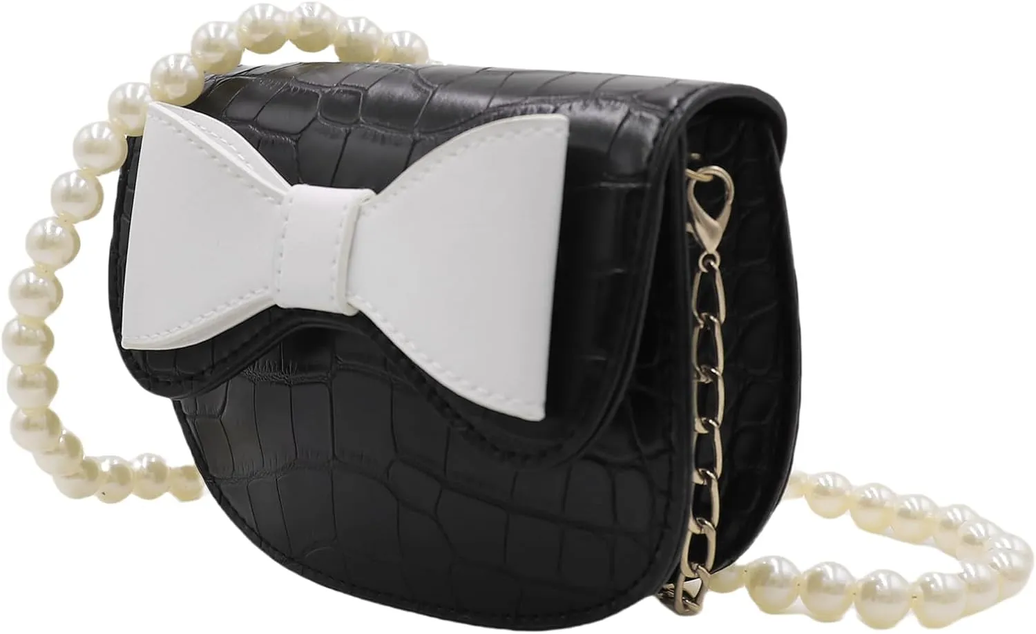 AMPOSSTO Bow Crossbody Purse for Girls Little Girls Kids Small Cross Body Bag Pearl Chain Strap Shoulder Bag Handbag