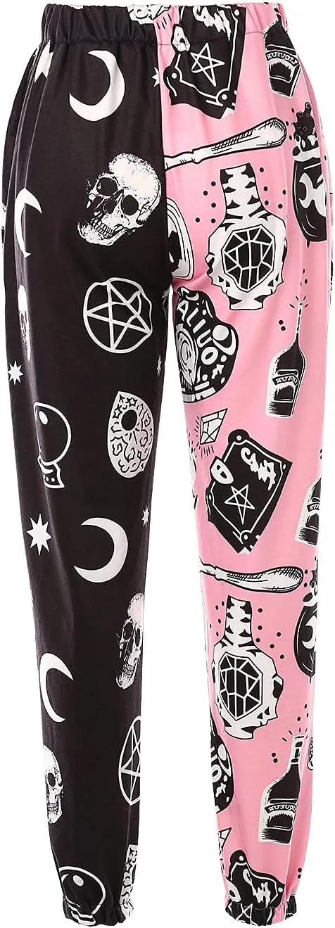 Amuver Women's Boho Hippie Harem Pants High Smocked Waist Printed Patchwork Sweatpants Yoga 90S Goth Baggy Casual Trousers
